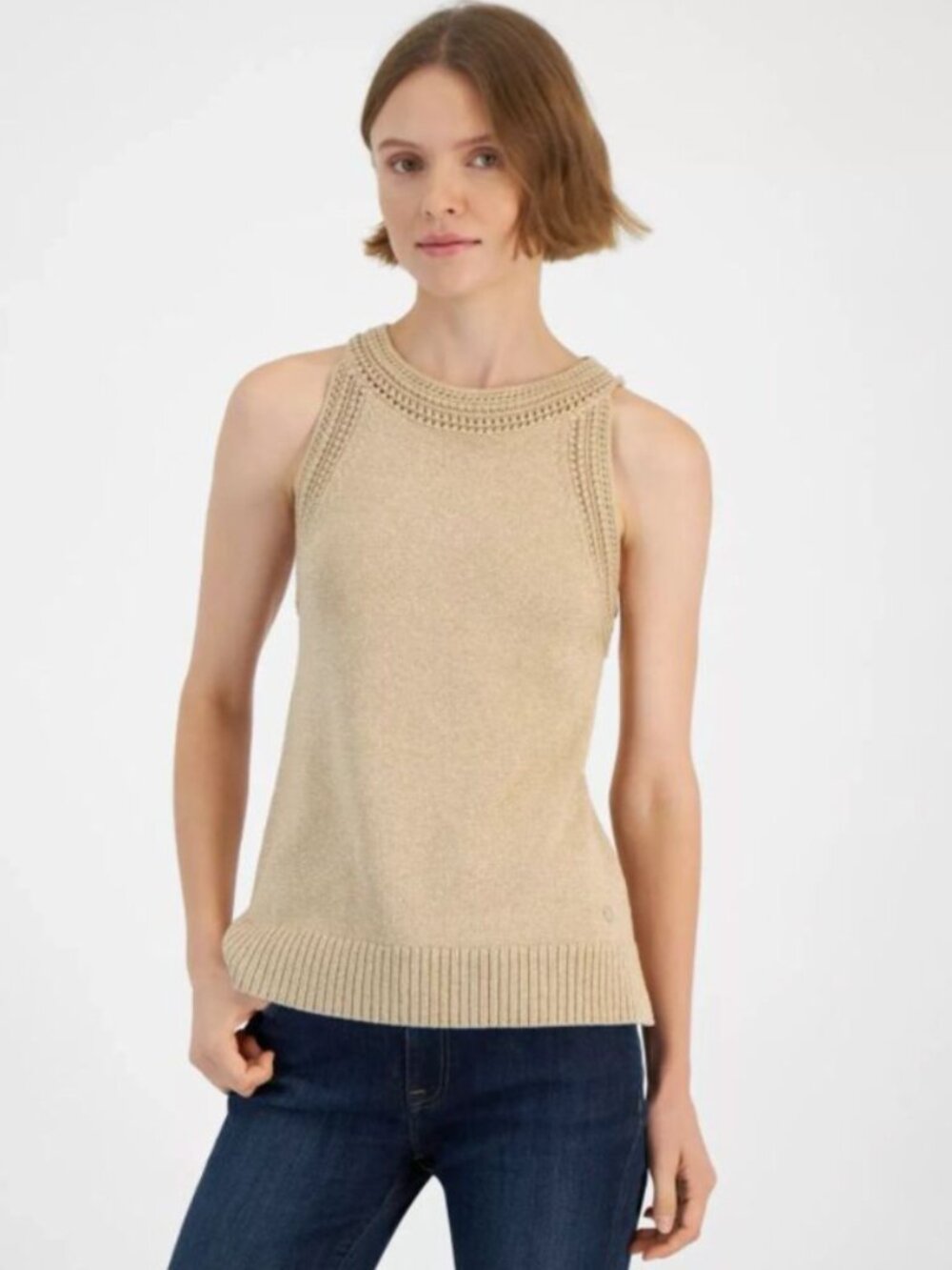 NWT Tommy Hilfiger Shine Beige Metallic Knit Textured Trim Tank Top Women's XS !